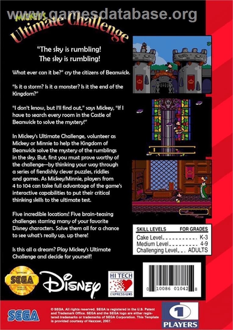 Mickey's Ultimate Challenge - Sega Genesis - Artwork - Box Back
