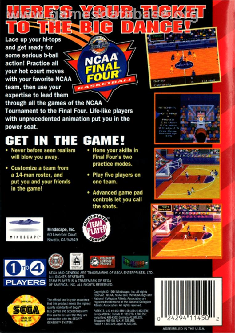 NCAA Final Four Basketball - Sega Genesis - Artwork - Box Back