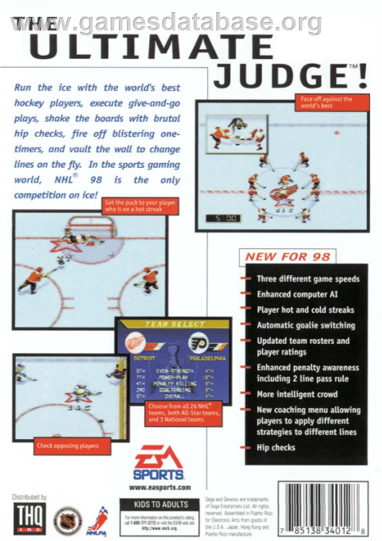 NHL '98 - Sega Genesis - Artwork - Box Back