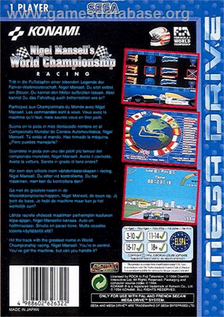 Nigel Mansell's World Championship - Sega Genesis - Artwork - Box Back