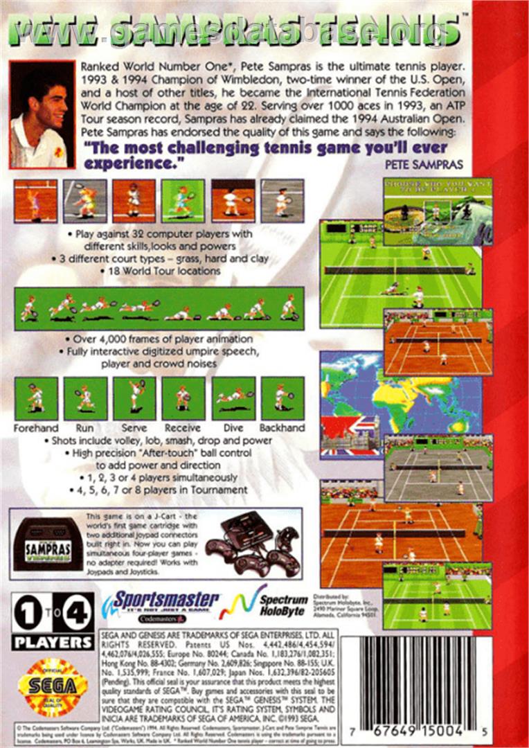 Pete Sampras Tennis - Sega Genesis - Artwork - Box Back