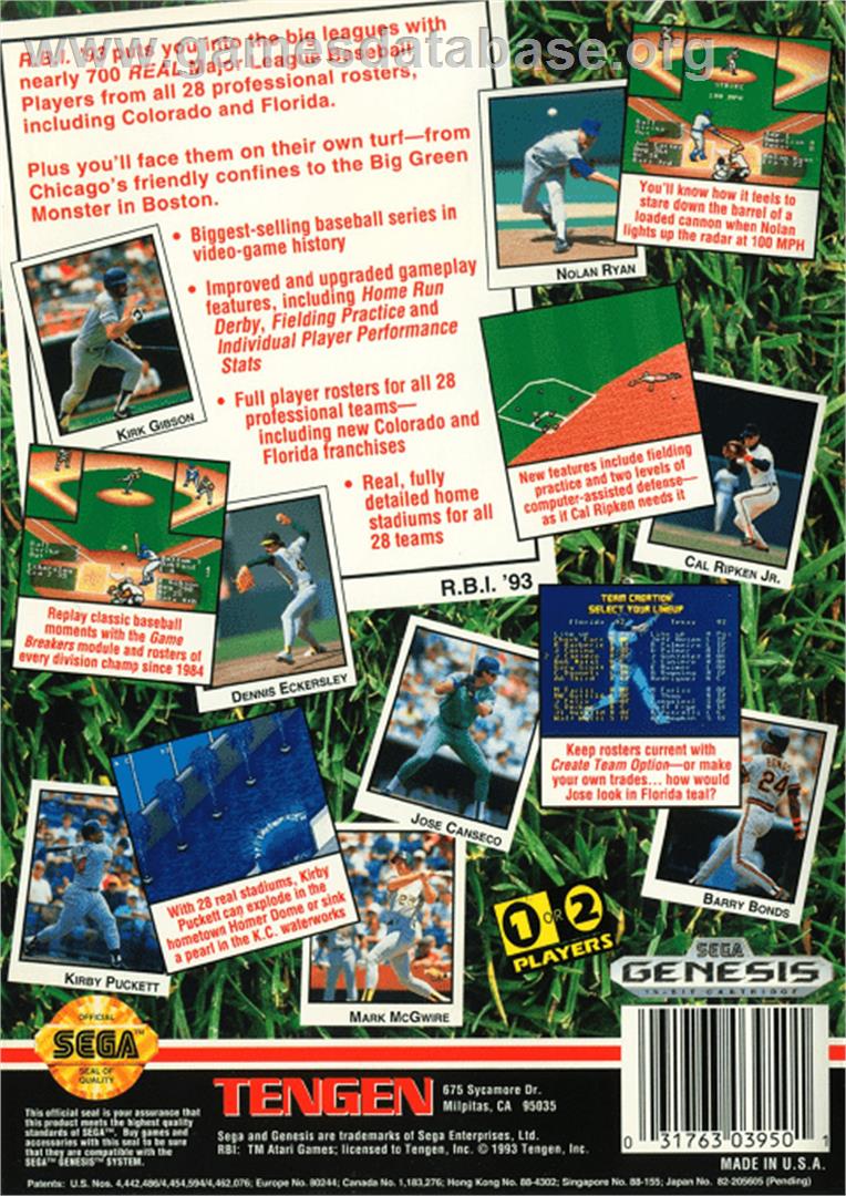 R.B.I. Baseball '93 - Sega Genesis - Artwork - Box Back