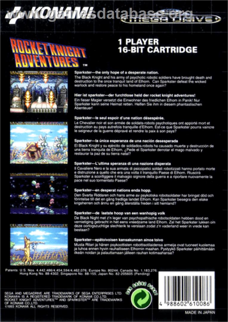 Rocket Knight Adventures - Sega Genesis - Artwork - Box Back