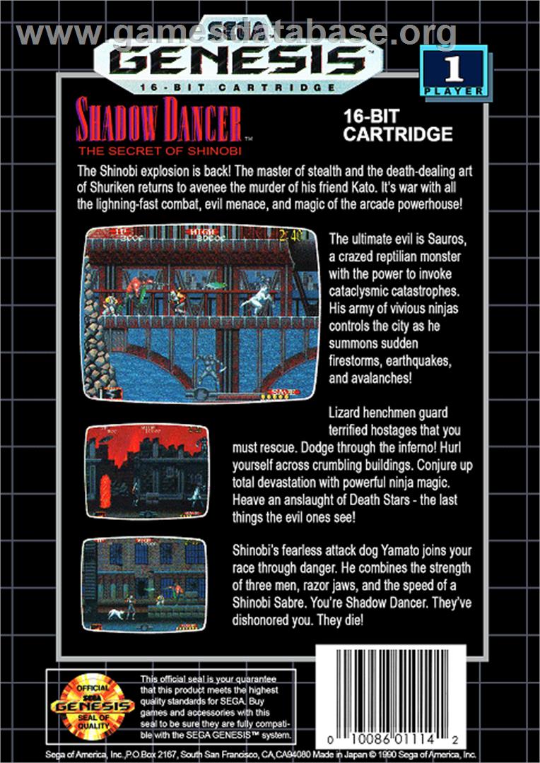 Shadow Dancer: The Secret of Shinobi - Sega Genesis - Artwork - Box Back
