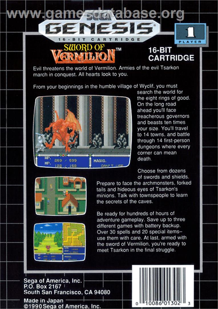 Sword of Vermilion - Sega Genesis - Artwork - Box Back