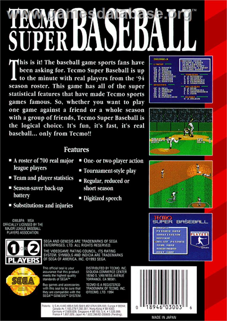 Tecmo Super Baseball - Sega Genesis - Artwork - Box Back