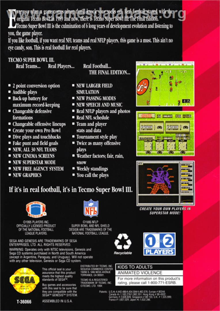 Tecmo Super Bowl III: Final Edition - Sega Genesis - Artwork - Box Back