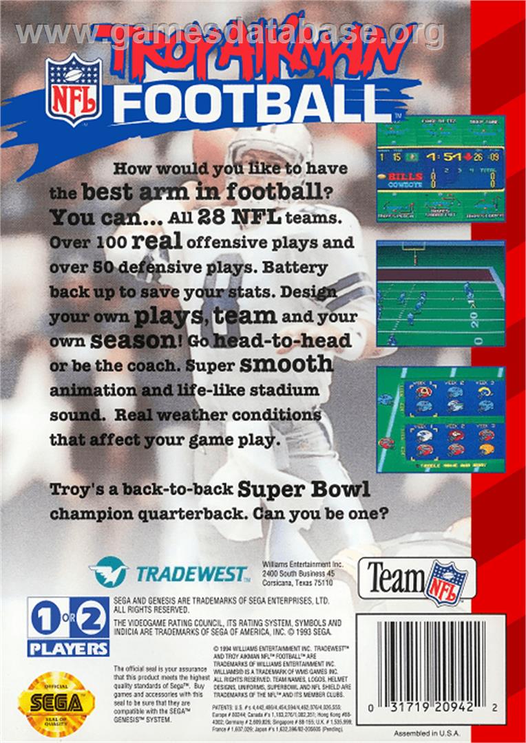 Troy Aikman NFL Football - Sega Genesis - Artwork - Box Back