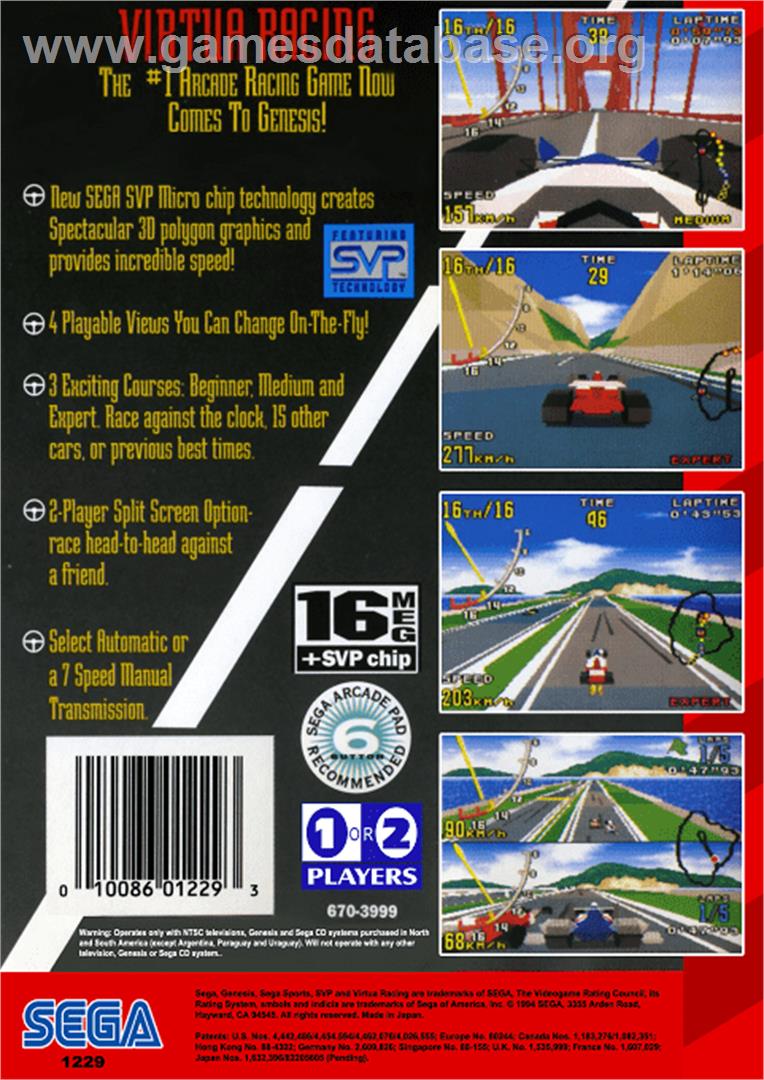 Virtua Racing - Sega Genesis - Artwork - Box Back