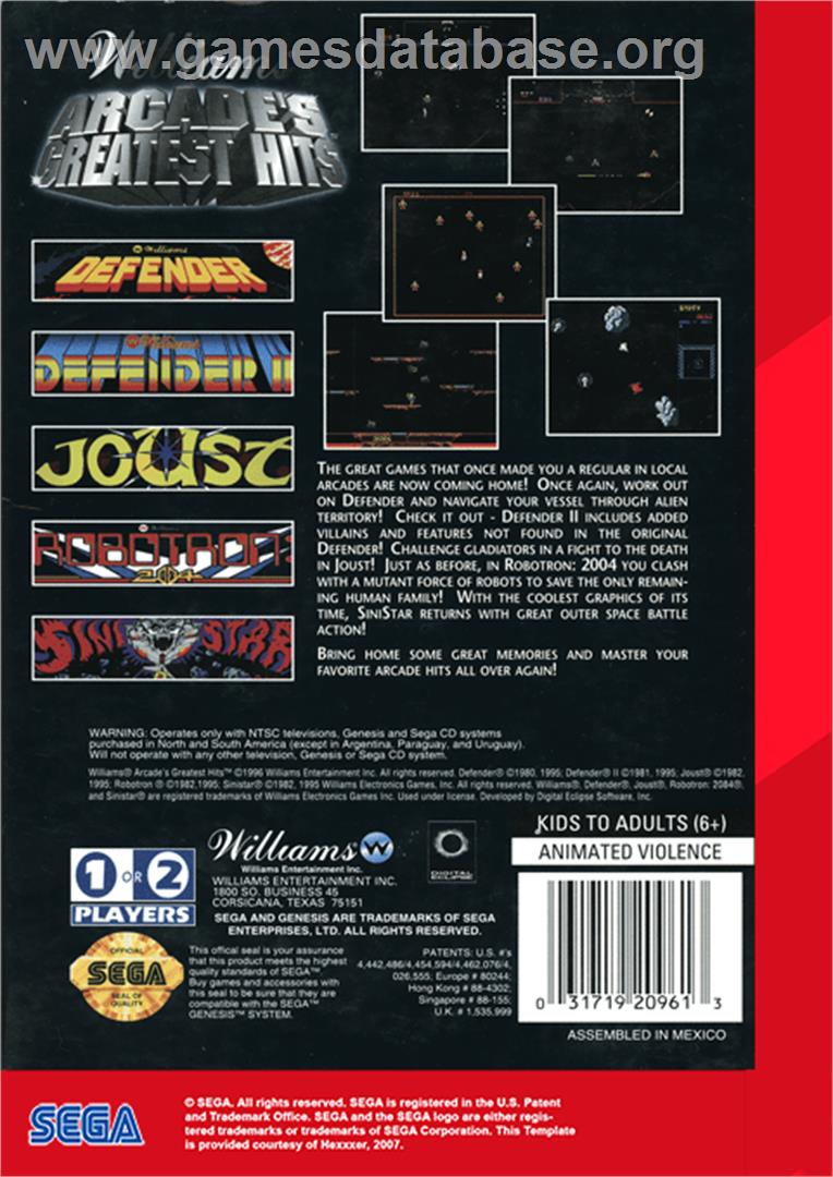Williams Arcade's Greatest Hits - Sega Genesis - Artwork - Box Back