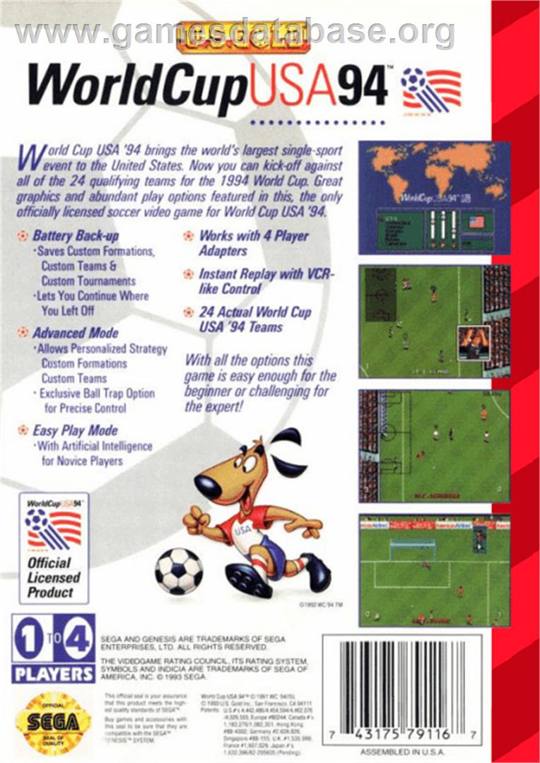 World Cup USA '94 - Sega Genesis - Artwork - Box Back