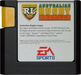Cartridge artwork for Australian Rugby League on the Sega Genesis.