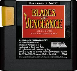 Cartridge artwork for Blades of Vengeance on the Sega Genesis.