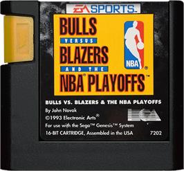 Cartridge artwork for Bulls vs. Blazers and the NBA Playoffs on the Sega Genesis.
