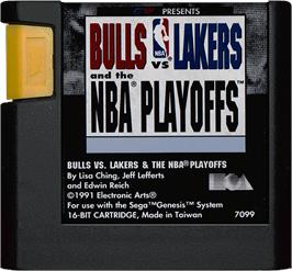 Cartridge artwork for Bulls vs. Lakers and the NBA Playoffs on the Sega Genesis.
