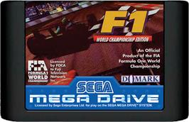 Cartridge artwork for F1 World Championship Edition on the Sega Genesis.