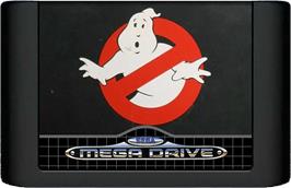 Cartridge artwork for Ghostbusters on the Sega Genesis.
