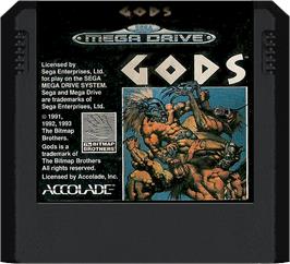 Cartridge artwork for Gods on the Sega Genesis.