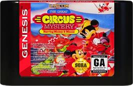 Cartridge artwork for Great Circus Mystery, The - starring Mickey and Minnie Mouse on the Sega Genesis.