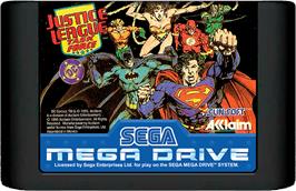 Cartridge artwork for Justice League Task Force on the Sega Genesis.