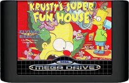 Cartridge artwork for Krusty's Fun House on the Sega Genesis.