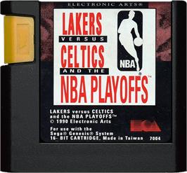 Cartridge artwork for Lakers vs. Celtics and the NBA Playoffs on the Sega Genesis.
