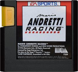 Cartridge artwork for Mario Andretti Racing on the Sega Genesis.