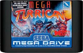 Cartridge artwork for Mega Turrican on the Sega Genesis.