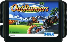 Cartridge artwork for OutRunners on the Sega Genesis.