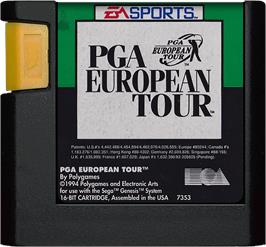 Cartridge artwork for PGA European Tour on the Sega Genesis.