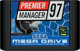 Cartridge artwork for Premier Manager 97 on the Sega Genesis.