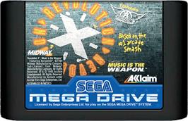 Cartridge artwork for Revolution X on the Sega Genesis.