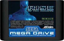 Cartridge artwork for Rise of the Robots on the Sega Genesis.