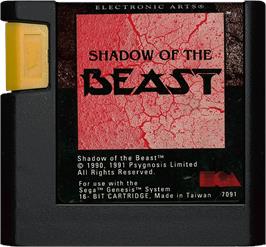 Cartridge artwork for Shadow of the Beast on the Sega Genesis.