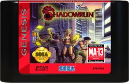 Cartridge artwork for Shadowrun on the Sega Genesis.