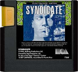 Cartridge artwork for Syndicate on the Sega Genesis.