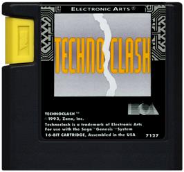 Cartridge artwork for Techno Clash on the Sega Genesis.