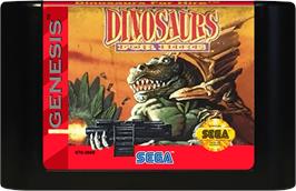 Cartridge artwork for Tom Mason's Dinosaurs for Hire on the Sega Genesis.