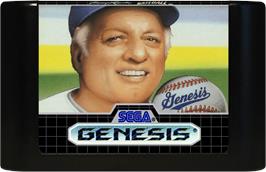 Cartridge artwork for Tommy Lasorda Baseball on the Sega Genesis.