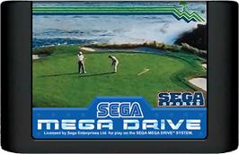 Cartridge artwork for True Golf Classics: Pebble Beach Golf Links on the Sega Genesis.