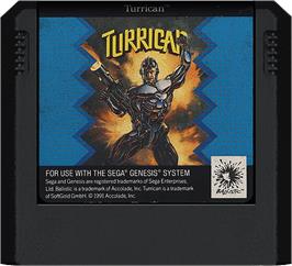 Cartridge artwork for Turrican on the Sega Genesis.