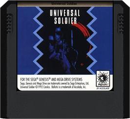 Cartridge artwork for Universal Soldier on the Sega Genesis.