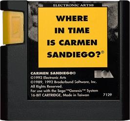 Cartridge artwork for Where in Time is Carmen Sandiego on the Sega Genesis.