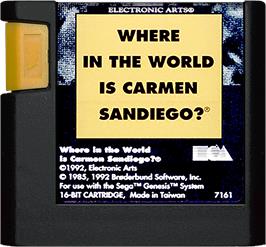 Cartridge artwork for Where in the World is Carmen Sandiego on the Sega Genesis.