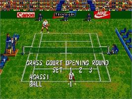 In game image of Andre Agassi Tennis on the Sega Genesis.
