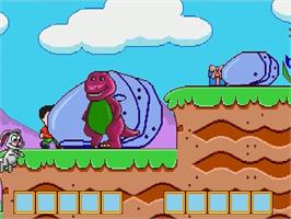In game image of Barney's Hide and Seek Game on the Sega Genesis.