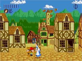 In game image of Beauty and the Beast: Belle's Quest on the Sega Genesis.