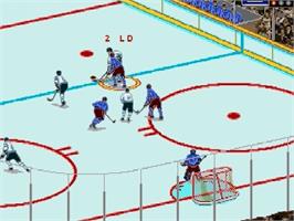 In game image of Brett Hull Hockey '95 on the Sega Genesis.