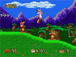 In game image of Bubsy in: Claws Encounters of the Furred Kind on the Sega Genesis.