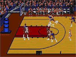 In game image of Bulls vs. Lakers and the NBA Playoffs on the Sega Genesis.